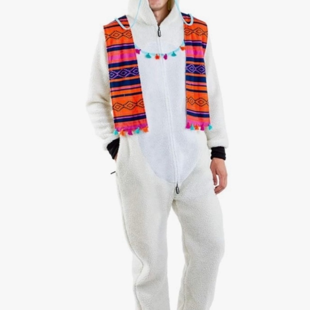 Tipsy Elves NWT Unisex Llama White Jumpsuit with Orange and Multicolor Details